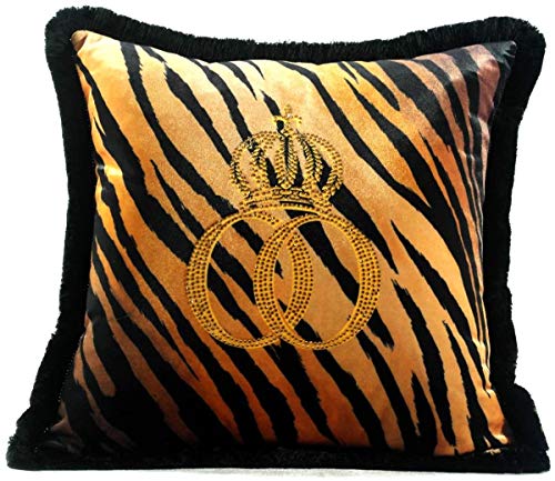 Harald Glööckler Luxus Deko Kissen Pompöös by Casa Padrino Krone Deluxe Tiger mit Strass Steinen Schwarz/Orange/Gold - Feinster Samtstoff - Glööckler Kissen von Harald Glööckler