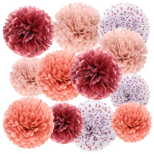 Pompom Deko, 12 Stück Seidenpapier Pompons Deko in Roségold, Blumen, Altrosa, Koralle Gepunktet, Party Dekoration aus Seidenpapier, Hochzeitsdeko Lampions Pompoms, Geburtstage, Brautpartys von Hariendny