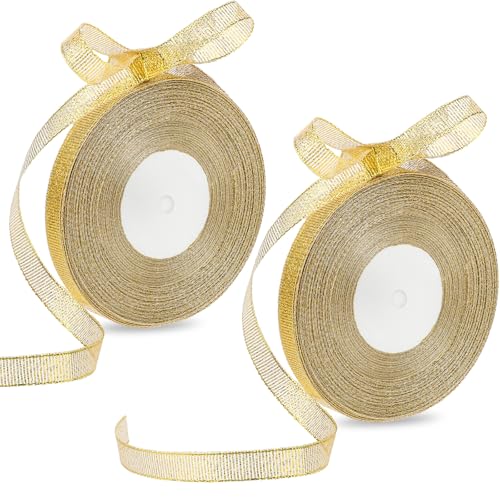 2 Rollen Gold Glitzernd Band 10mm x 90m Glitter Dekoband Durchscheinend Gold Organzaband Geschenkband für Geschenkdekoration, Christbaumschmuck von Hariendny