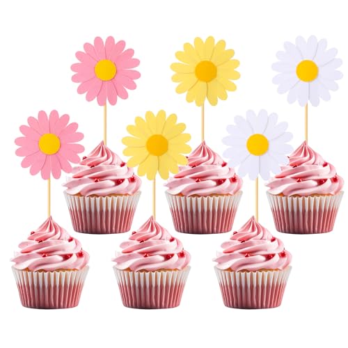 24 Stück Gänseblümchen Tortendeko Gänseblümchen aus Papier Holzspieß-Gänseblümchen Kuchenkarte Blumen Kuchen Topper Cupcake-Dekoration für Nachmittagstee Geburtstagsfeier Konditorei von Hariendny