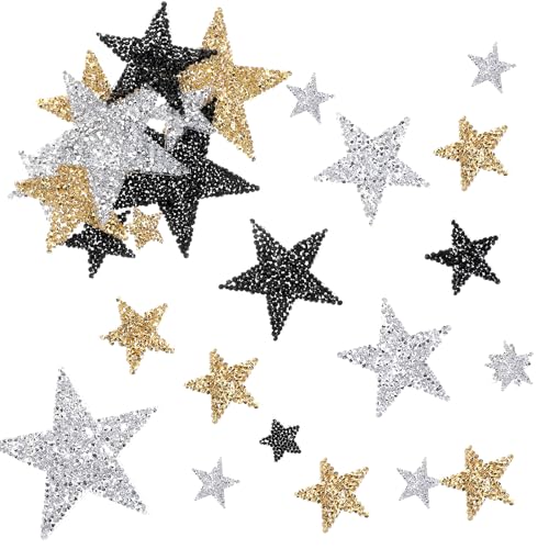 24 Stück Sterne Zum Aufbügeln Silber Gold Schwarz Strass Sterne Patches Zum Aufbügeln Glitzer Strass Sterne Bügelbilder für DIY Kleidung Hose Hut Schuh Rucksack (8/6/4/2 cm) von Hariendny