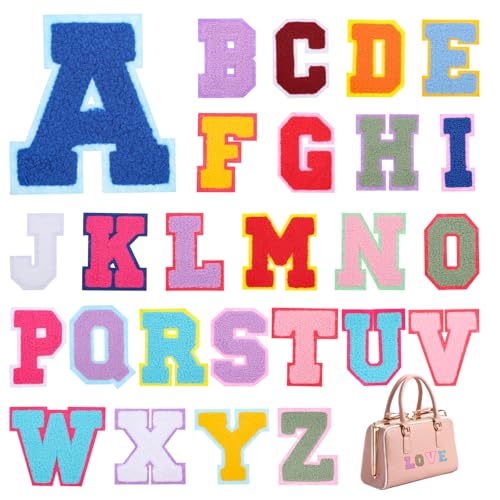 26 Stück Bunt Chenille Buchstaben Flicken A-Z Alphabet Aufnäher Weiße Buchstaben zum Aufbügeln von Chenille Buchstabenflicken Chenille Gestickte Alphabetaufnäher für Kleidung Hut Jacken von Hariendny