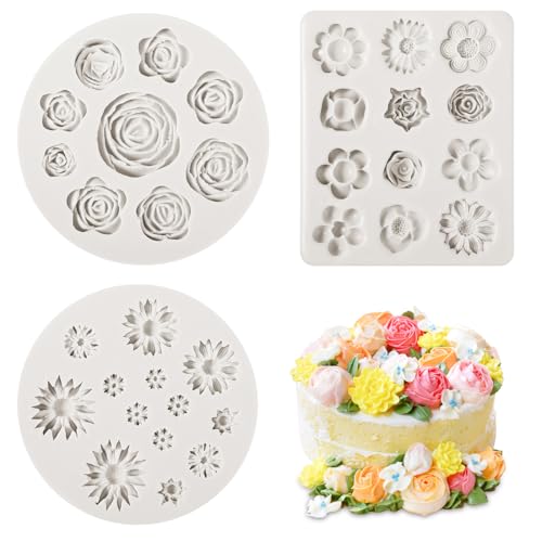 3 Stück 3D Blumen Silikonform Mini Blumen Fondant Silikon Formen Mini Gänseblümchen Rose Silikonform für DIY Backen Deko, Schokolade, Gelee, Kuchendeko von Hariendny