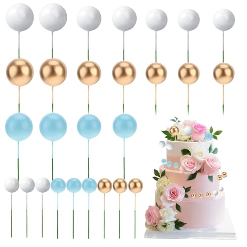 Kugeln Tortendeko 30 Stück Schaum Ball Cake Topper Mini Kugeln Cupcake Topper für Geburtstag Hochzeit Jubiläum Babydusche (Blau Weiß Gold 2/2,5/3/4 cm) von Hariendny