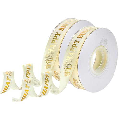 40m Happy Birthday Satinband, 2 Stück Heißprägen Geschenkband Gold 2cm Geburtstag Band Weiß & Gold für Kuchen, Strauß, Geschenkverpackung von Hariendny