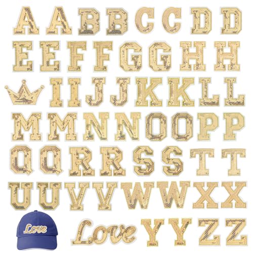 54 Stück A-Z Alphabet-Aufnäher, Pailletten Buchstaben Aufnäher zum Aufbügeln, Glitzer Aufnäher, Hotfix Buchstaben Aufnäher(Gold) von Hariendny