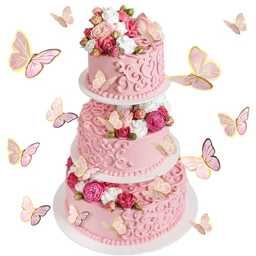 60 Stück Schmetterling Kuchen Dekorationen Schmetterling Cupcake Topper 3D Schmetterling Kuchen Topper Rosa Papierschmetterling für Geburtstag Hochzeit Party Baby Shower Kuchen von Hariendny