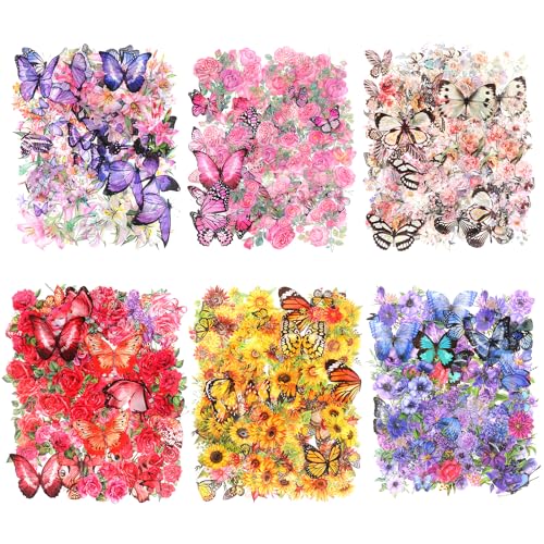 Blumen Schmetterlings Aufkleber, 300 Stück Scrapbook Aufkleber Schmetterling und Blumen, PET Wasserdicht Transparent Bunt Scrapbooking Sticker, Scrapbook Zubehör für Tagebuch, Handbuch von Hariendny