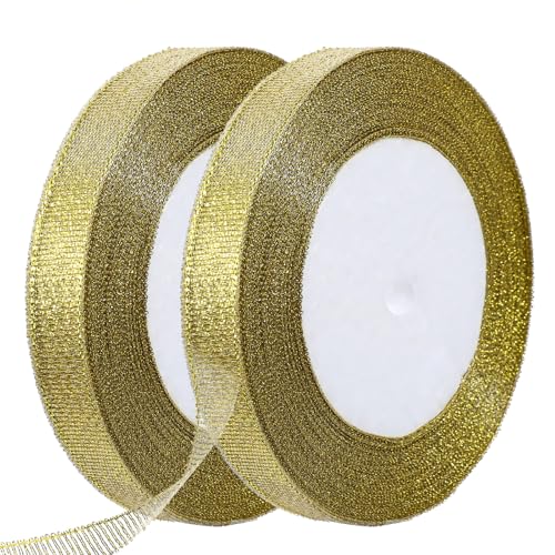 Geschenkband Gold, 2 Rollen 6mm x 132 m Golden Bänder, Schimmernde Durchsichtige Organzabänder, Silbernes Kräuselband, Dünnes Glitzerband zum Verpacken von Geschenken, Basteln, Dekorationen von Hariendny