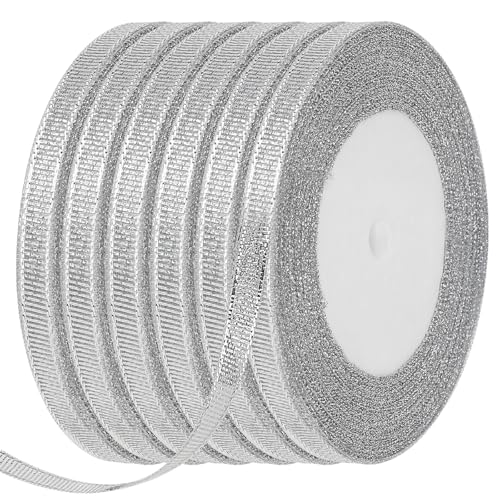 Geschenkband Silber, 6 Rollen 6mm x 132 m Silberne Bänder, Schimmernde Durchsichtige Organzabänder, Silbernes Kräuselband, Dünnes Glitzerband zum Verpacken von Geschenken, Basteln, Dekorationen von Hariendny