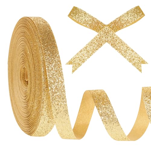 Goldenes Glitzerband, 0,9 cm x 22,7 m Glitzer-Drahtkante, Weihnachtsband, glitzernde Schleifenband, Girlande, Geschenkverpackungen für Bastelarbeiten, Ornamente, Weihnachtsbaum-Dekoration von Hariendny