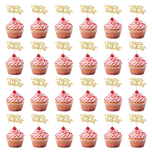 24 Stück Cake Topper Gold Happy Birthday Tortendeko Glitter Geburtstag Kuchen Topper Cupcake Deko für Geburtstagsfeier von Hariendny