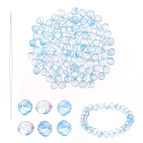 100 Stück Blau Handperlen Kristall Glas Perlen Blau mit Nadel 8mm Kristallfacetten Perlen Gleiche Größe Runde Kunstperlen für DIY-Armband, Kunsthandwerk, Ohrringe (Seeblau) von Hariendny