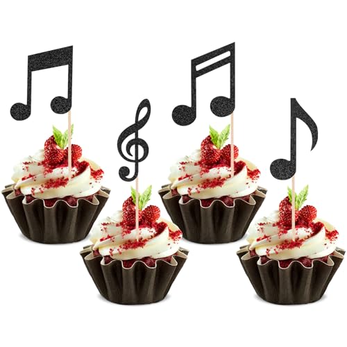 Musiknoten Ausschnitte Tortendeko, 36 Stück Cupcake-Topper mit Musiknoten, Noten Deko, Musik Party Dekorationen, Glitzer Schwarz Kuchen Deko, Musical Symbol Cupcake Toppers für Rock, Musikpartys von Hariendny