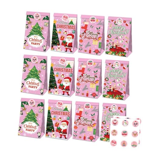 Harilla 12 Stück Weihnachtsgeschenk-Papiertüten, Weihnachts-Goody-Bags, tragbar, mit Aufklebern, kreative Aufbewahrung, multifunktionale Keks-/Bonbontüten, Style C von Harilla