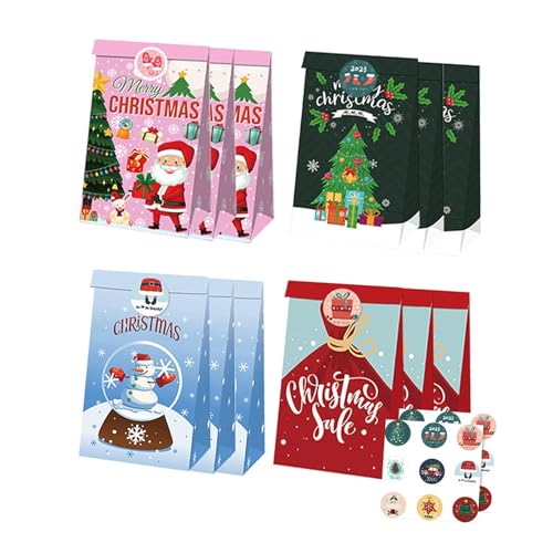 Harilla 12 Stück Weihnachtsgeschenk-Papiertüten, Weihnachts-Goody-Bags, tragbar, mit Aufklebern, kreative Aufbewahrung, multifunktionale Keks-/Bonbontüten, Style D von Harilla