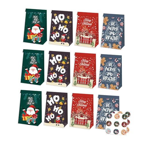 Harilla 12 Stück Weihnachtsgeschenk-Papiertüten, Weihnachts-Goody-Bags, tragbar, mit Aufklebern, kreative Aufbewahrung, multifunktionale Keks-/Bonbontüten, Style E von Harilla