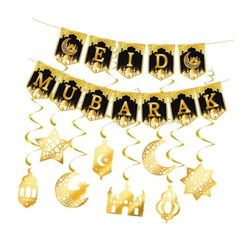 Harilla Eid Mubarak Banner hängende Wirbel Schwarze und goldene Deckendekorationen Garland für Wandfenstertür Partyzubehör Atmosphäre von Harilla