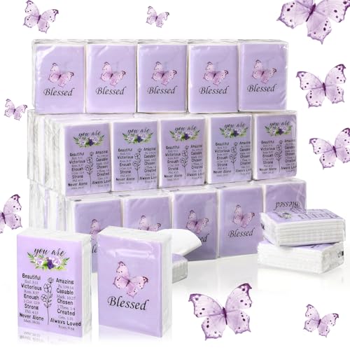 Harloon Christliche Gesichtstücher, Violett, Schmetterlingstücher, Brieftaschengröße, Reisetücher, 3-lagig, Mini-Gesichtstücher, Großpackung für Hochzeit, Reisen, Abschlussfeier, 7 Blatt pro Packung, von Harloon