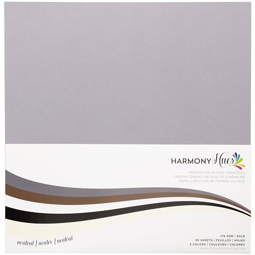 Cardstock 30,5 x 30,5 cm, glatter Karton für Bastelarbeiten, Kartenherstellung, Kunstprojekte, 50 quadratische Scrapbook-Blätter, 5 verschiedene Farben, doppelseitig mit festem Kern, neutral von Harmony Paper