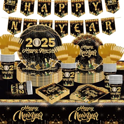 122 Stück Silvester Deko Set, 2025 Silvesterparty Happy New Year Schwarz Gold Partygeschirr Frohes Neues Jahr Neujahrs Banner Servietten Pappbecher Pappteller und Tischdecke Neujahrsparty Set von HarnyLoom