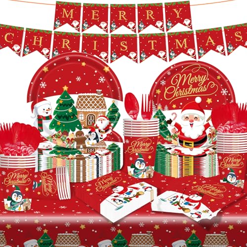 122 Stück Weihnachten Partygeschirr Set Weihnachtsgeschirr Weihnachtsbaum Pappteller Pappbecher Tischdecke Banner Winterurlaub Party-Dekoration Zubehör für 20 Gäste von HarnyLoom