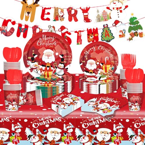 122 Stück Weihnachten Partygeschirr Set Weihnachtsgeschirr Weihnachtsbaum Santa Schneemann Elch Pappbecher Tischdecken Banner Geburtstagsdekoration Party von HarnyLoom