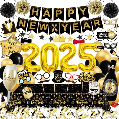 2025 Neujahr Silvester Deko Set, Schwarz Gold Happy New Year SilvesterParty Dekoration Neujahrsdeko Luftballons, Luftschlangen, Konfetti Banner 2025 Neujahr Girlande & Fotorequisiten von HarnyLoom