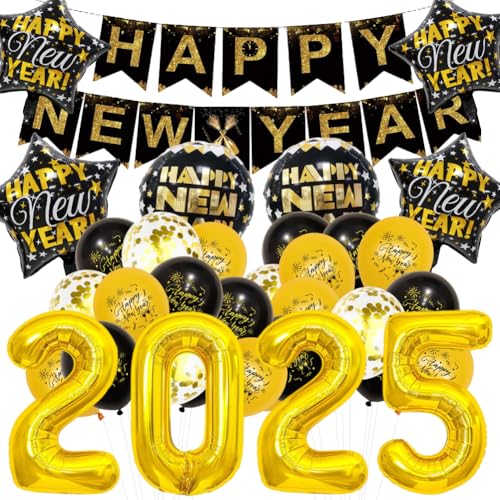 2025 Silvester Deko Set, Schwarz Gold Happy New Year SilvesterParty Dekoration Neujahrsdeko Luftballons, Luftschlangen, Konfetti Banner 2025 Neujahr Girlande & Fotorequisiten von HarnyLoom