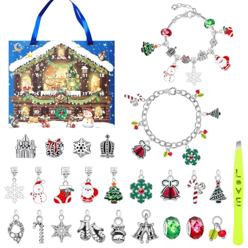 Schmuck Adventskalender 2024 Mädchen, Weihnachtskalender Kinder Frauen 24 Füllung DIY Schmuck Charm Armband Basteln Überraschung Weihnachten Geschenk (D) von HarnyLoom