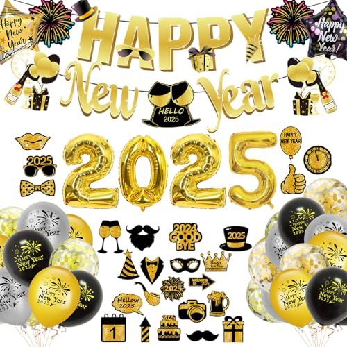 Silvester Deko 2025 Set, Schwarz Gold Happy New Year SilvesterParty Dekoration Neujahrsdeko Luftballons, Luftschlangen, Konfetti Banner 2025 Neujahr Girlande & Fotorequisiten von HarnyLoom