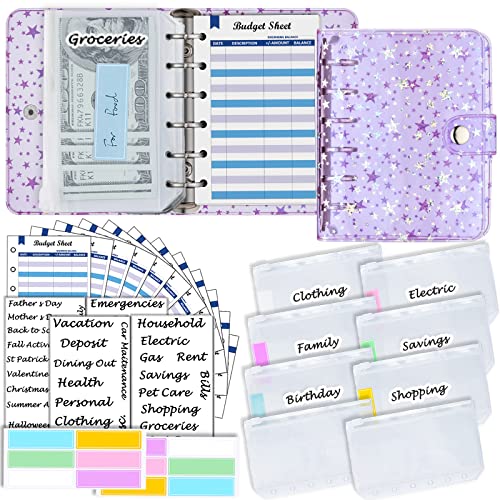 A7-Mappe aus weichem lila PVC mit Sternen 5,39 x 4,33 Zoll, mit Mini-Ordner-Reißverschlusstaschen x8, Budgetblättern x12, Geldumschlagaufklebern x42, Etikettenaufklebern x12, Geldorganisator von Harphia