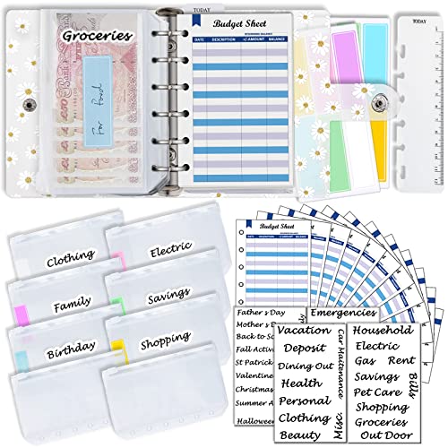 A7 Ordner Weich-PVC mit Gänseblümchen 5,39 x 4,33 Zoll, mit Mini-Ordnertaschen x8 Reißverschluss, Haushaltsblätter x12, Geldumschlagaufkleber x42, Etikettenaufkleber x12, Harphia 139F-A7 von Harphia