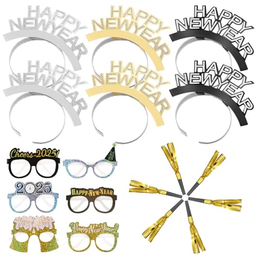 18 Stück Neujahr Party Dekoration 2025 Happy New Year Brillen Stirnband Set Silvester Party Lustige Brillen Glitzer Haarreif für 2025 Party Gebläse für Kinder Erwachsene Silvester Deko von Harrycle