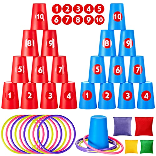 Harrycle 54 Stück Wurfspiel 3 in 1 Set Kinder Ringwurfspiel für Party Erhalten 20 Sport Stapelbecher 10 Wurfringe 20 Zahlen Aufkleber und 4 Bohnensäckchen für Kinder Geburtstag Garten Werfen Draußen von Harrycle