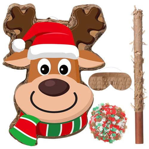 Harrycle Weihnachten Pinata 41 cm Elch Mexikanische Pinata mit Stab Augenmaske und Konfetti Weihnachtsfeier Pinata zum Befüllen für Weihnachtsdeko Feiertag Party Spiele Mitgebsel Deko von Harrycle