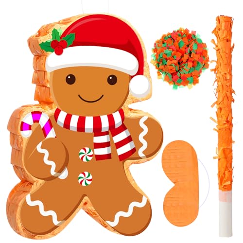 Harrycle Weihnachten Pinata 41 cm Lebkuchenmann Mexikanische Pinata mit Stab Augenmaske und Konfetti Weihnachtsfeier Pinata zum Befüllen für Weihnachtsdeko Feiertag Party Spiele Mitgebsel Deko von Harrycle