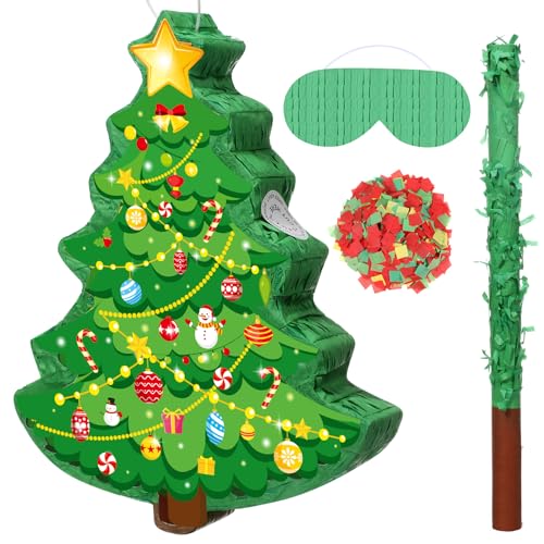 Harrycle Weihnachten Pinata 41 cm Weihnachtsbaum Mexikanische Pinata mit Stab Augenmaske und Konfetti Weihnachtsfeier Pinata zum Befüllen für Weihnachtsdeko Feiertag Party Spiele Mitgebsel Deko von Harrycle