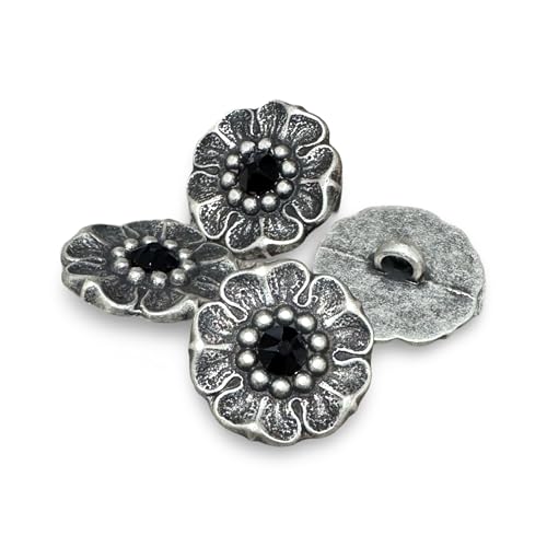 10 Stück silber farbene Metall Knöpfe Knopf Blüte Blume mit schwarz Strass Stein 13mm oder 18mm (13mm) von Hartmann-Knöpfe