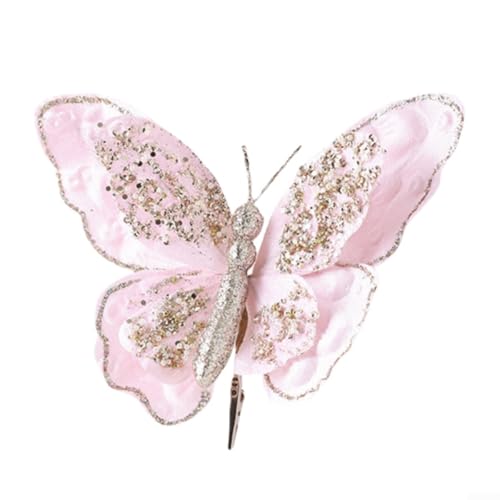 Hasaller Weihnachts-Schmetterling-Ornament, glitzernde Weihnachts-Schmetterlings-Blumen-Ornamente mit Clips, künstliche Seide, dekorative Schmetterlinge für Weihnachtsbaum, Girlande, Kranz, Mantel, von Hasaller