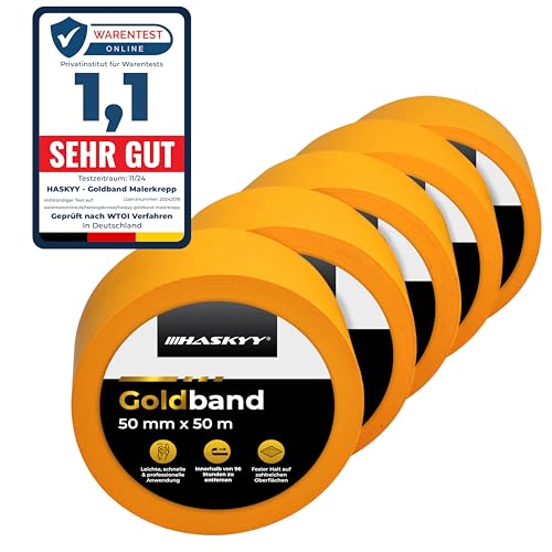 HASKYY Goldband Malerkrepp Kreppband 5x Malerband 50mm x 50m Profi Abdeckband Malertape Klebeband Washi Tape Gold Papiertape Selbstklebend von HASKYY