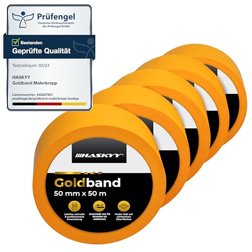 HASKYY Goldband Malerkrepp Kreppband 5x Malerband 50mm x 50m Profi Abdeckband Malertape Klebeband Washi Tape Gold Papiertape Selbstklebend von HASKYY