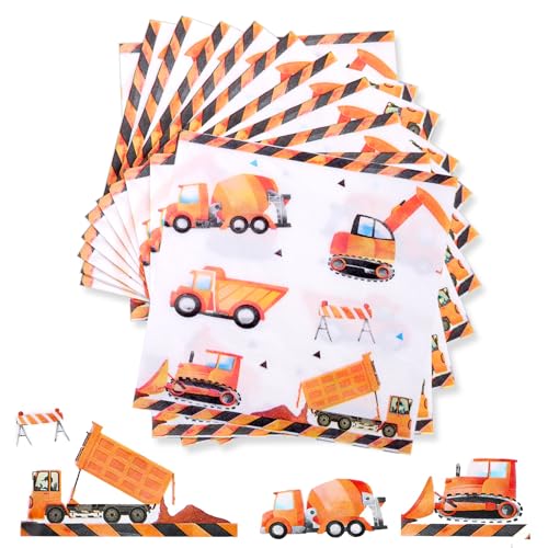 Hastazi 40er Pack Servietten Bagger für Kindergeburtstag, 33x33cm Einweg Party-Servietten mit Baufahrzeugmotiven, Hochwertiger Zellstoff. von Hastazi