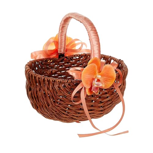 Modische, handgewebte Rattan-Blumenkörbe mit Perlengriffen, Accessoire für Hochzeiten, Partys und Heimdekoration von Hattba