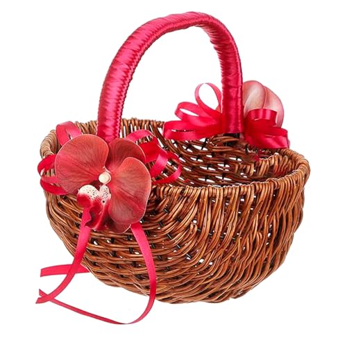 Modische, handgewebte Rattan-Blumenkörbe mit Perlengriffen, Accessoire für Hochzeiten, Partys und Heimdekoration von Hattba