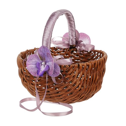 Modische, handgewebte Rattan-Blumenkörbe mit Perlengriffen, Accessoire für Hochzeiten, Partys und Heimdekoration von Hattba