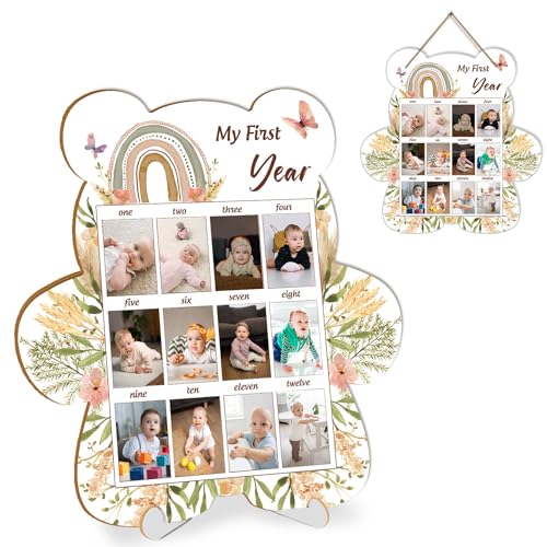 Hatzelou Bilderrahmen für das erste Jahr, Fotorahmen für das erste Jahr, Regenbogen-Blumendekoration, Baby-Andenken, geeignet für Jungen und Mädchen, Babyparty, passend für 3,8 x 5,3 cm große Fotos von Hatzelou