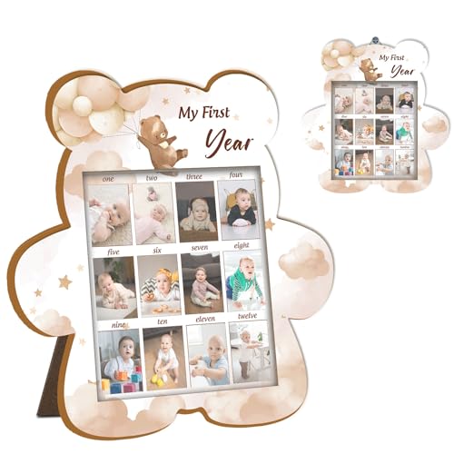 Hatzelou Fotodisplay aus Holz für das erste Jahr, Bilderrahmen mit Ständer, 12 Monate Baby-Bilderrahmen, Andenken, Geschenk zum ersten Geburtstag, passend für 3,8 x 5,3 cm große Fotos von Hatzelou