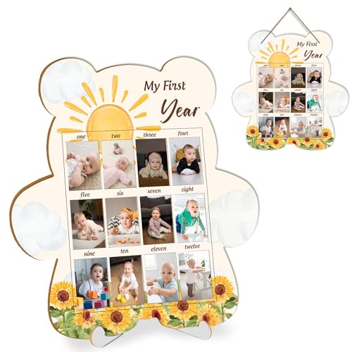 Hatzelou My First Year Photo Display Wood Board, Baby 's First Year Picture Frame, 12 Months Baby Picture Frame, Baby Bear Photo Frame Keepsake, Suitable for Baby Shower Party, Fits 1.5 * 2.1 IN Photo von Hatzelou