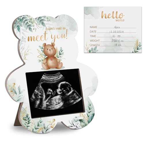 Hatzoglou Bär Ultraschall Bilderrahmen Holz Ultraschall Fotorahmen mit Schreibkarte, Baby Shower Geschlecht Enthüllung Dekoration, werdende Mütter und Schwangere Geschenke 4,3 x 5,3 Bild von Hatzelou